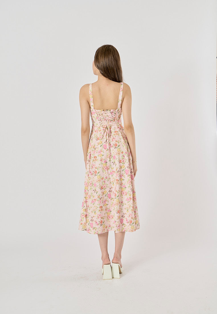 Laurestine Multi Color Floral Print Shoulder Strap Front Lace Up Maxi Dress