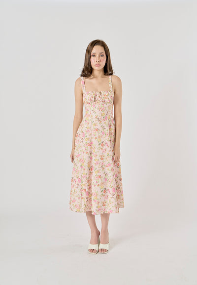 Laurestine Multi Color Floral Print Shoulder Strap Front Lace Up Maxi Dress