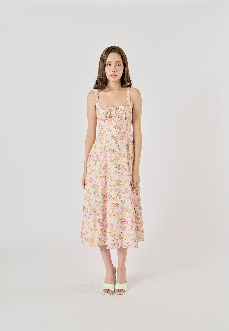 Laurestine Multi Color Floral Print Shoulder Strap Front Lace Up Maxi Dress