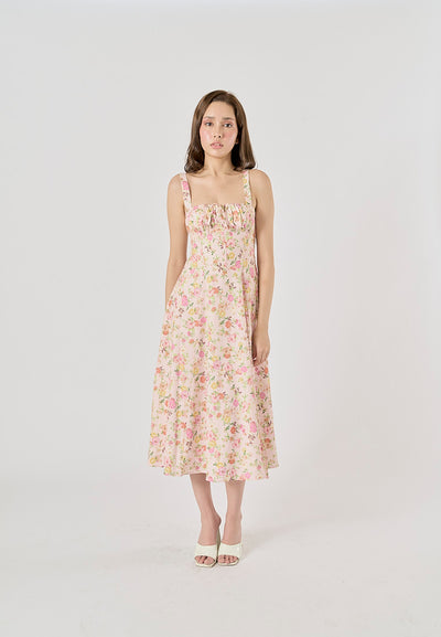Laurestine Multi Color Floral Print Shoulder Strap Front Lace Up Maxi Dress