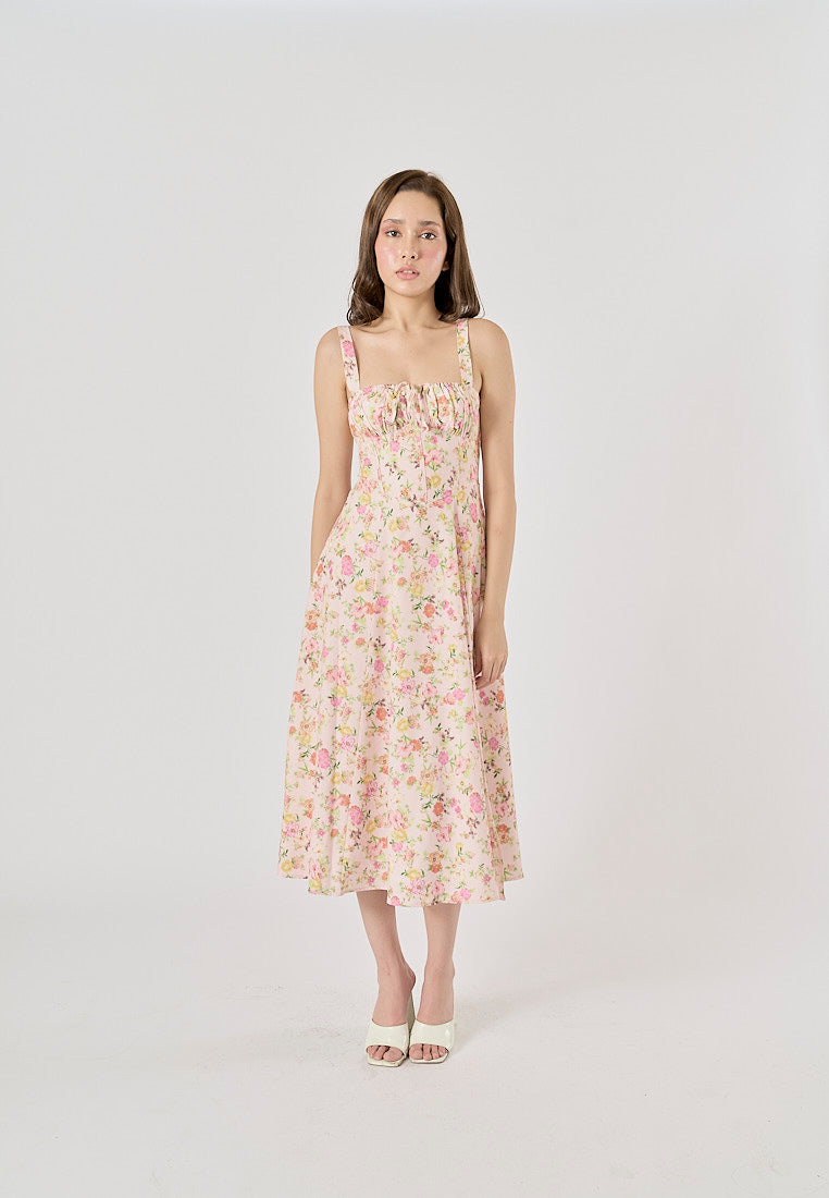 Laurestine Multi Color Floral Print Shoulder Strap Front Lace Up Maxi Dress
