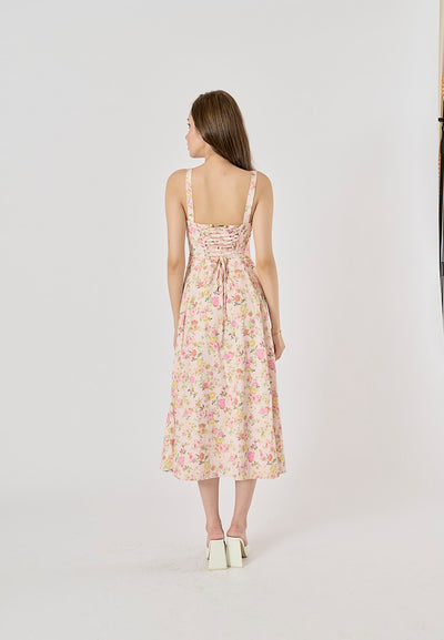 Laurestine Multi Color Floral Print Shoulder Strap Front Lace Up Maxi Dress