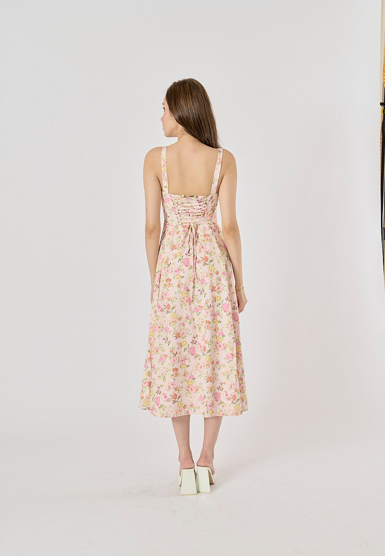 Laurestine Multi Color Floral Print Shoulder Strap Front Lace Up Maxi Dress