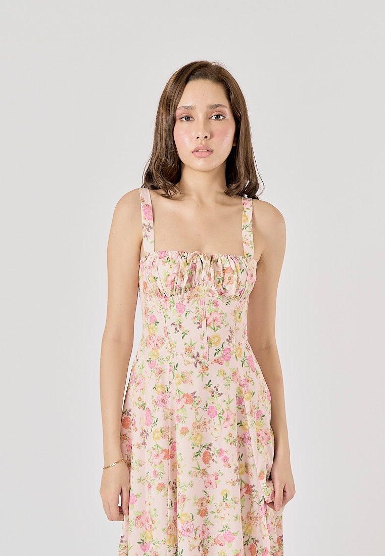 Laurestine Multi Color Floral Print Shoulder Strap Front Lace Up Maxi Dress