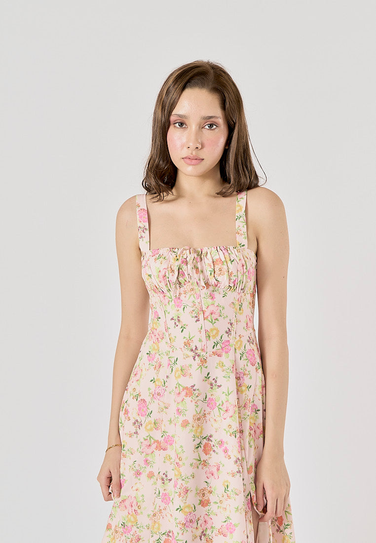 Laurestine Multi Color Floral Print Shoulder Strap Front Lace Up Maxi Dress