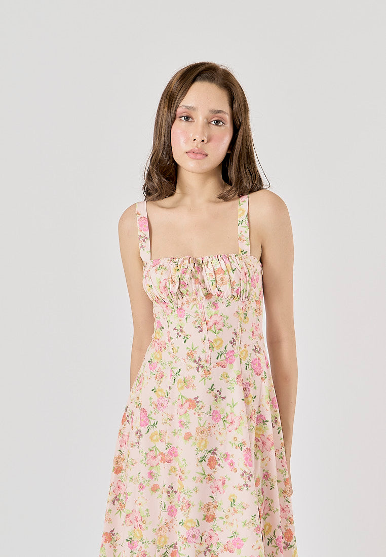 Laurestine Multi Color Floral Print Shoulder Strap Front Lace Up Maxi Dress