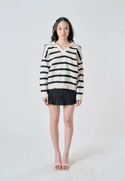 Clive Beige and Black Stripes Knitted Collar V Neck Long Sleeves Pul Over Sweater