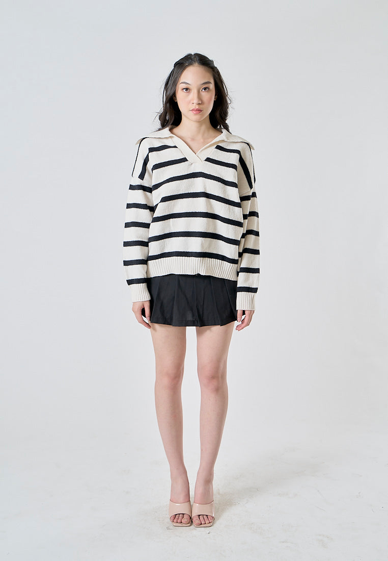 Clive Beige and Black Stripes Knitted Collar V Neck Long Sleeves Pul Over Sweater