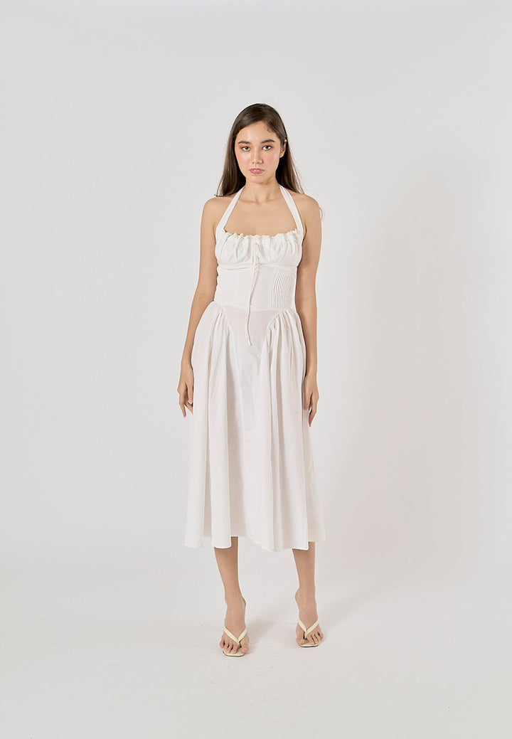 Talula White Back Hollow Out Front Lace up Halter Midi Dress