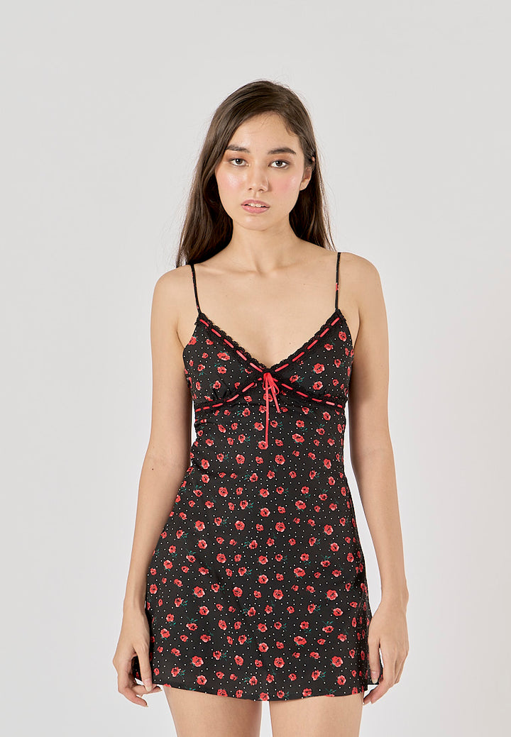 Eliora Black Floral Print V - Neck Mini Dress