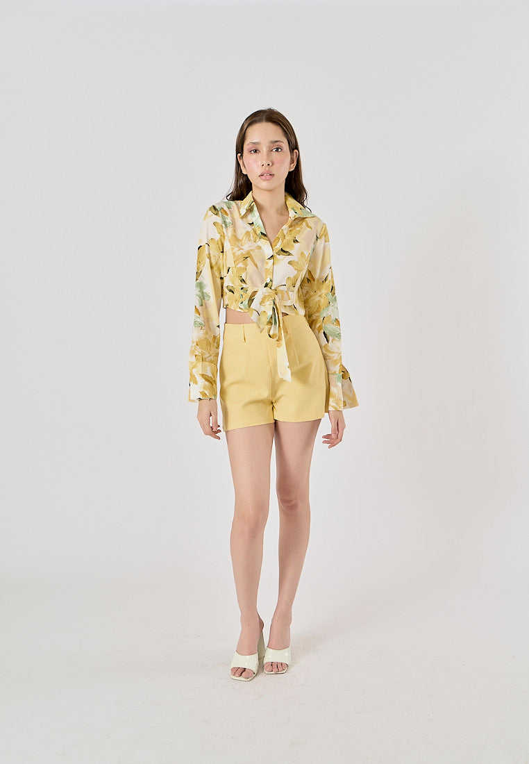Morocco Floral Print Front Bow Tie Long Sleeve,Zipper Fly Shorts 2 Piece Set