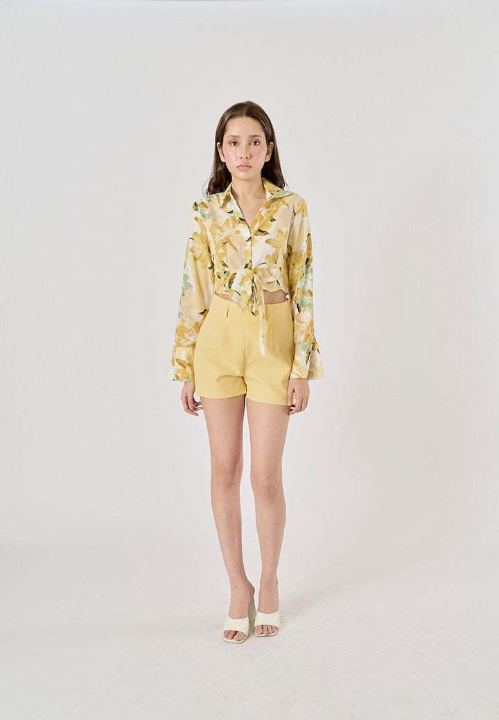 Morocco Floral Print Front Bow Tie Long Sleeve,Zipper Fly Shorts 2 Piece Set