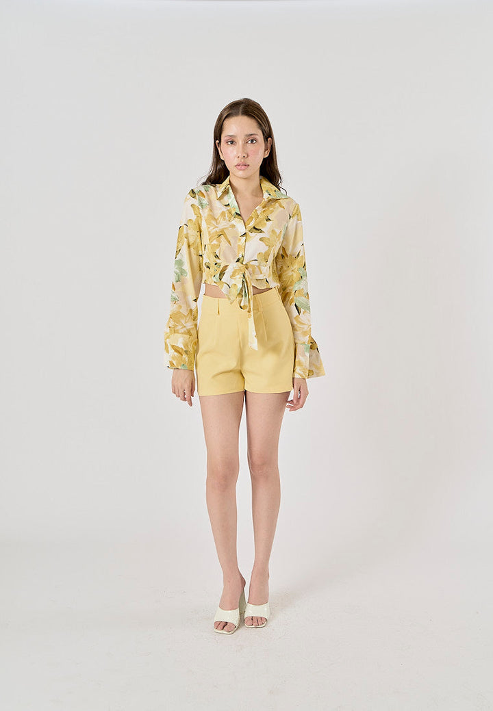 Morocco Floral Print Front Bow Tie Long Sleeve,Zipper Fly Shorts 2 Piece Set