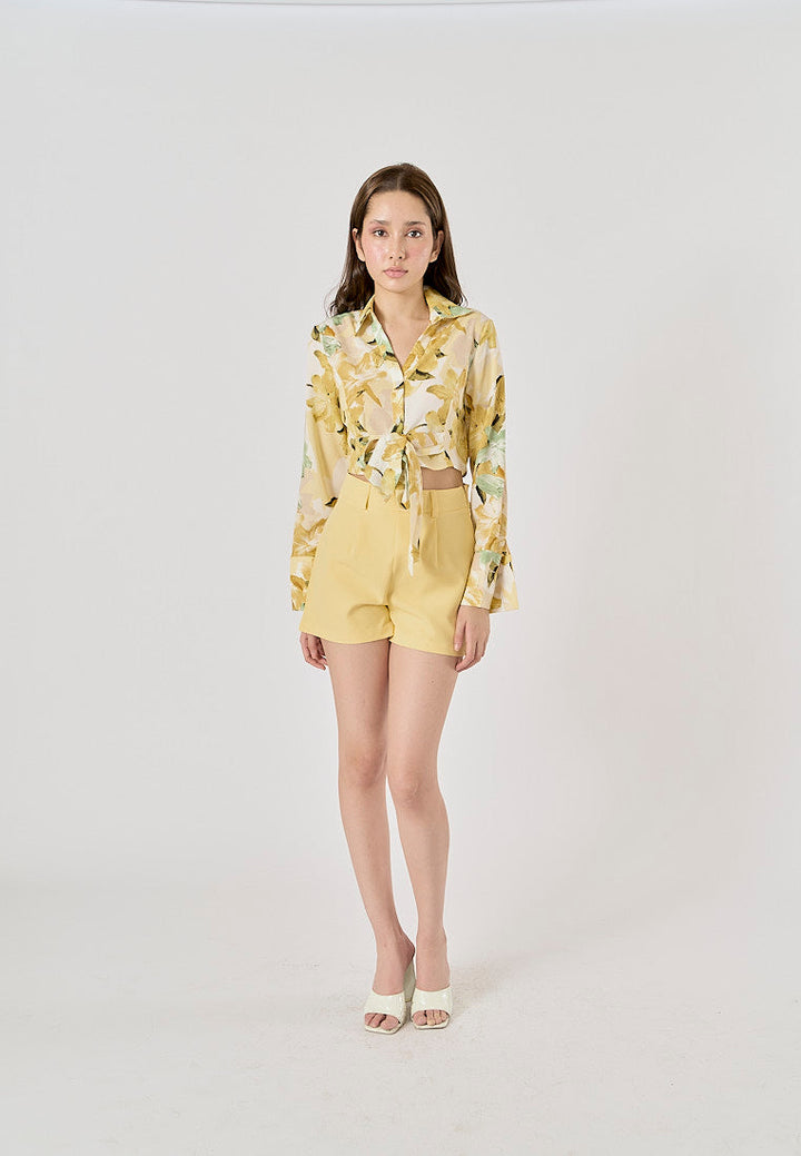 Morocco Floral Print Front Bow Tie Long Sleeve,Zipper Fly Shorts 2 Piece Set