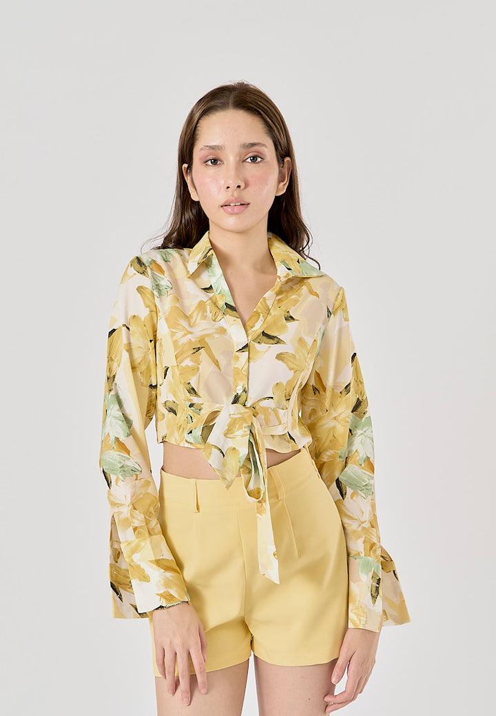 Morocco Floral Print Front Bow Tie Long Sleeve,Zipper Fly Shorts 2 Piece Set