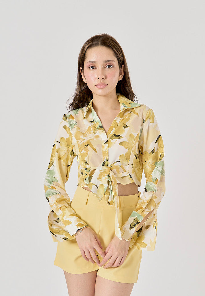 Morocco Floral Print Front Bow Tie Long Sleeve,Zipper Fly Shorts 2 Piece Set