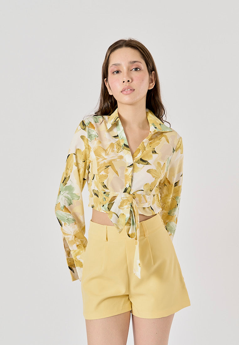 Morocco Floral Print Front Bow Tie Long Sleeve,Zipper Fly Shorts 2 Piece Set