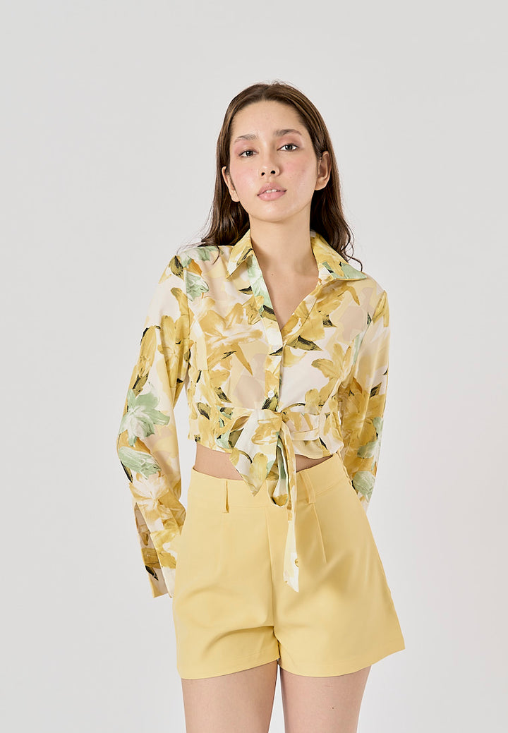 Morocco Floral Print Front Bow Tie Long Sleeve,Zipper Fly Shorts 2 Piece Set
