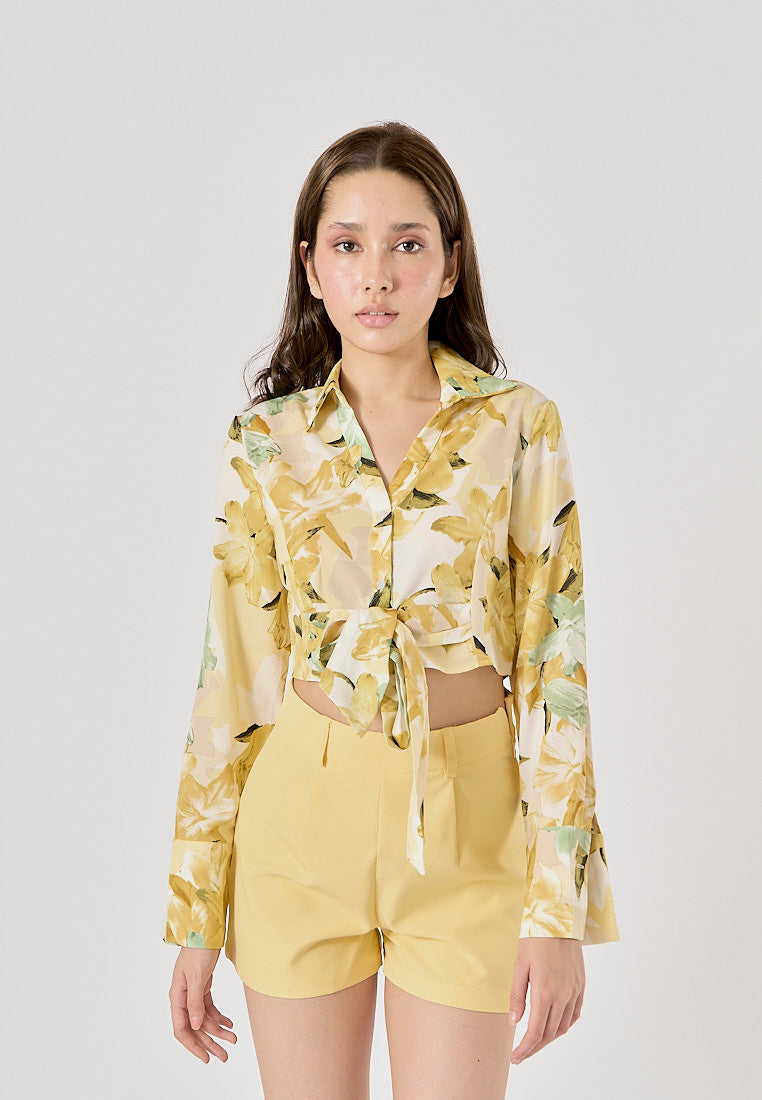 Morocco Floral Print Front Bow Tie Long Sleeve,Zipper Fly Shorts 2 Piece Set