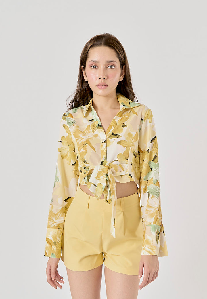 Morocco Floral Print Front Bow Tie Long Sleeve,Zipper Fly Shorts 2 Piece Set