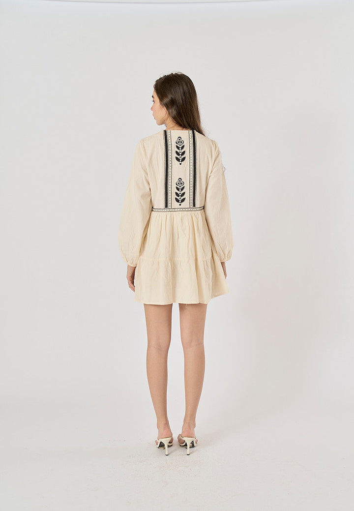 Louisiana White Contrasting Embroidery V-neck Elastic Cuffs Mini Dress