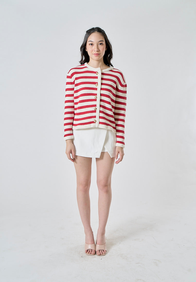 Chance Red Stripes Knitted Crew Neck Single Breasted Buttondown Long Sleeves Cardigan