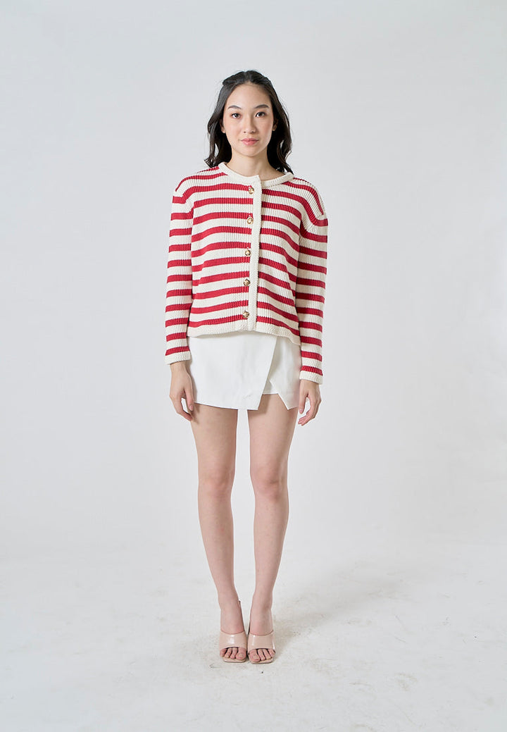Chance Red Stripes Knitted Crew Neck Single Breasted Buttondown Long Sleeves Cardigan