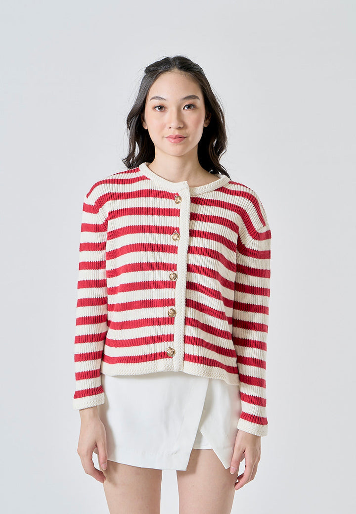 Chance Red Stripes Knitted Crew Neck Single Breasted Buttondown Long Sleeves Cardigan