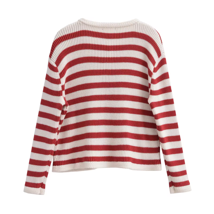 Chance Red Stripes Knitted Crew Neck Single Breasted Buttondown Long Sleeves Cardigan
