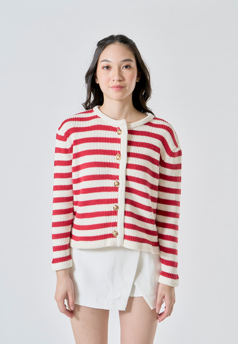 Chance Red Stripes Knitted Crew Neck Single Breasted Buttondown Long Sleeves Cardigan