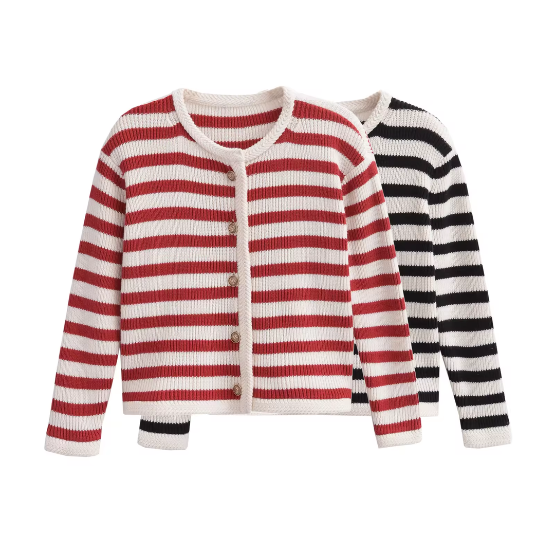 Chance Red Stripes Knitted Crew Neck Single Breasted Buttondown Long Sleeves Cardigan