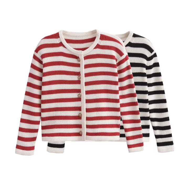 Chance Red Stripes Knitted Crew Neck Single Breasted Buttondown Long Sleeves Cardigan