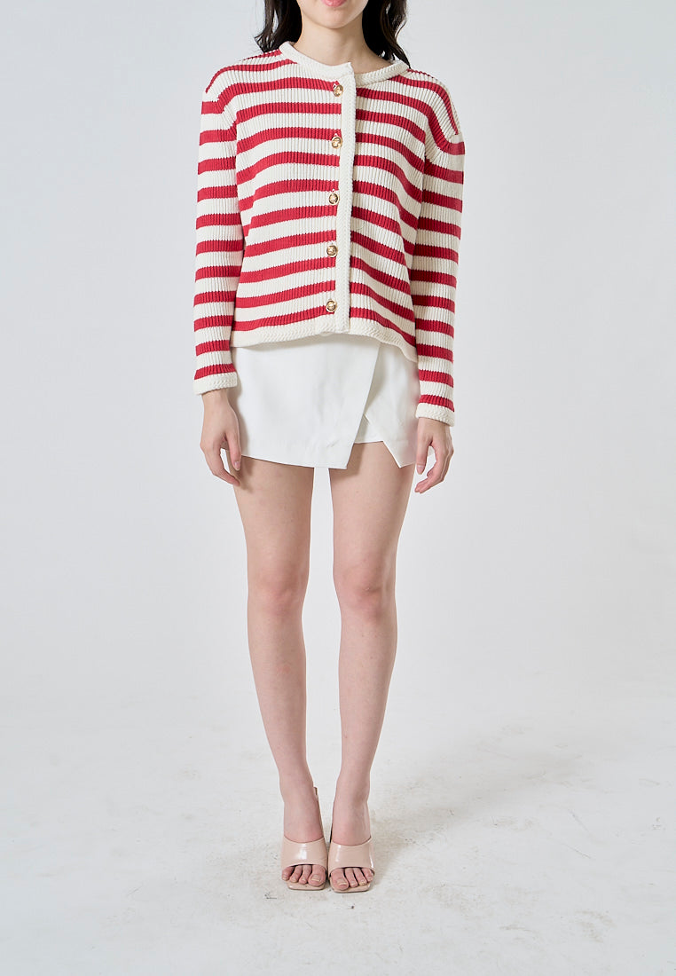 Chance Red Stripes Knitted Crew Neck Single Breasted Buttondown Long Sleeves Cardigan