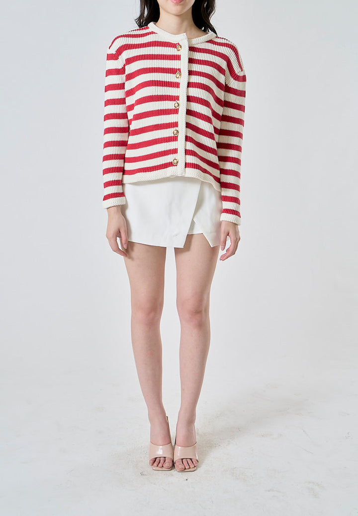 Chance Red Stripes Knitted Crew Neck Single Breasted Buttondown Long Sleeves Cardigan