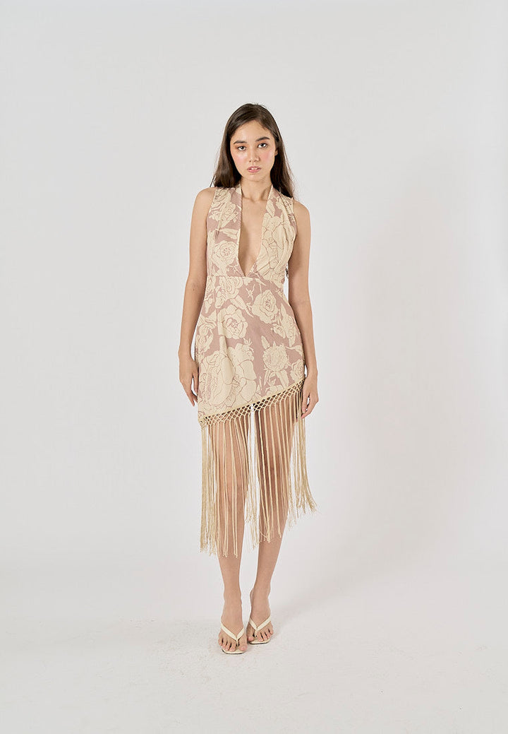 Coachella Nude Floral Print Bottom Tassel Mini Dress