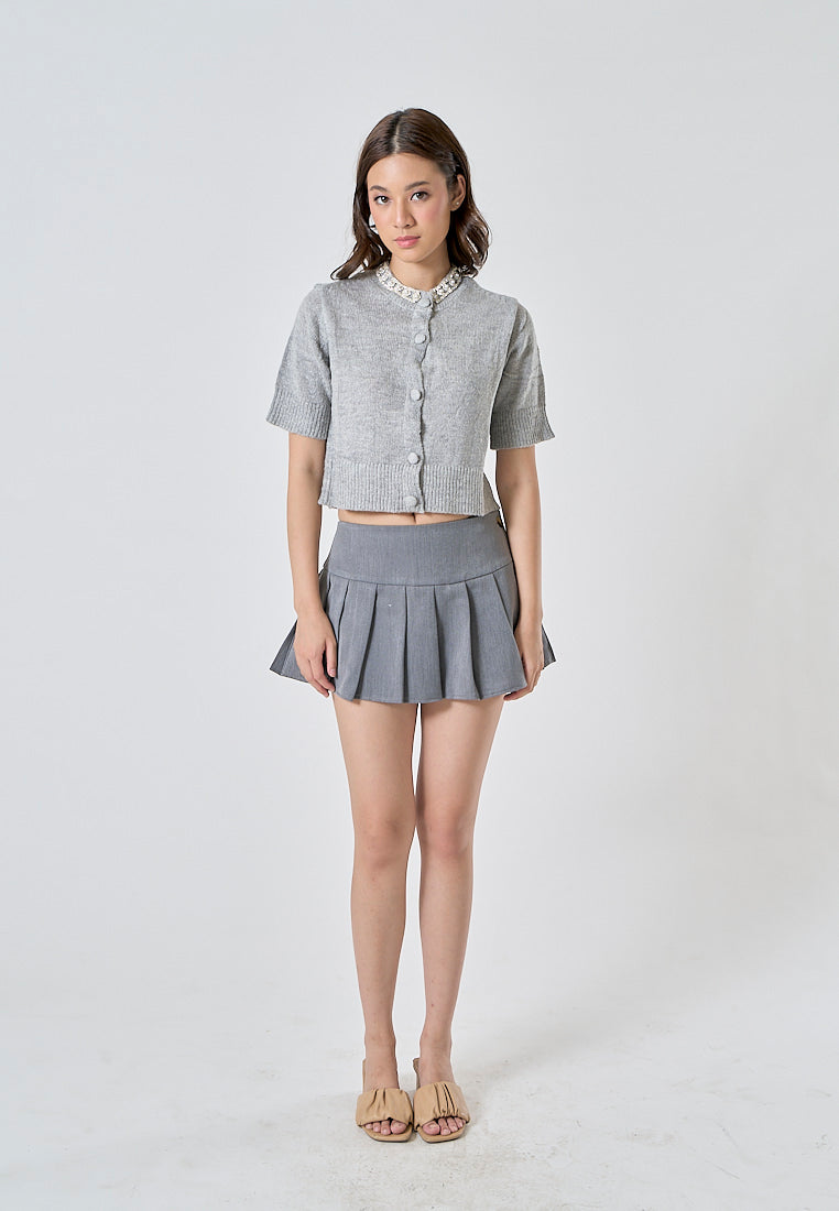 Wigo Gray Knitted Beaded Crew Neck Button Down Short Sleeves Top