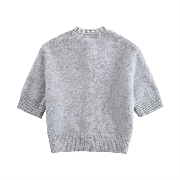 Wigo Gray Knitted Beaded Crew Neck Button Down Short Sleeves Top
