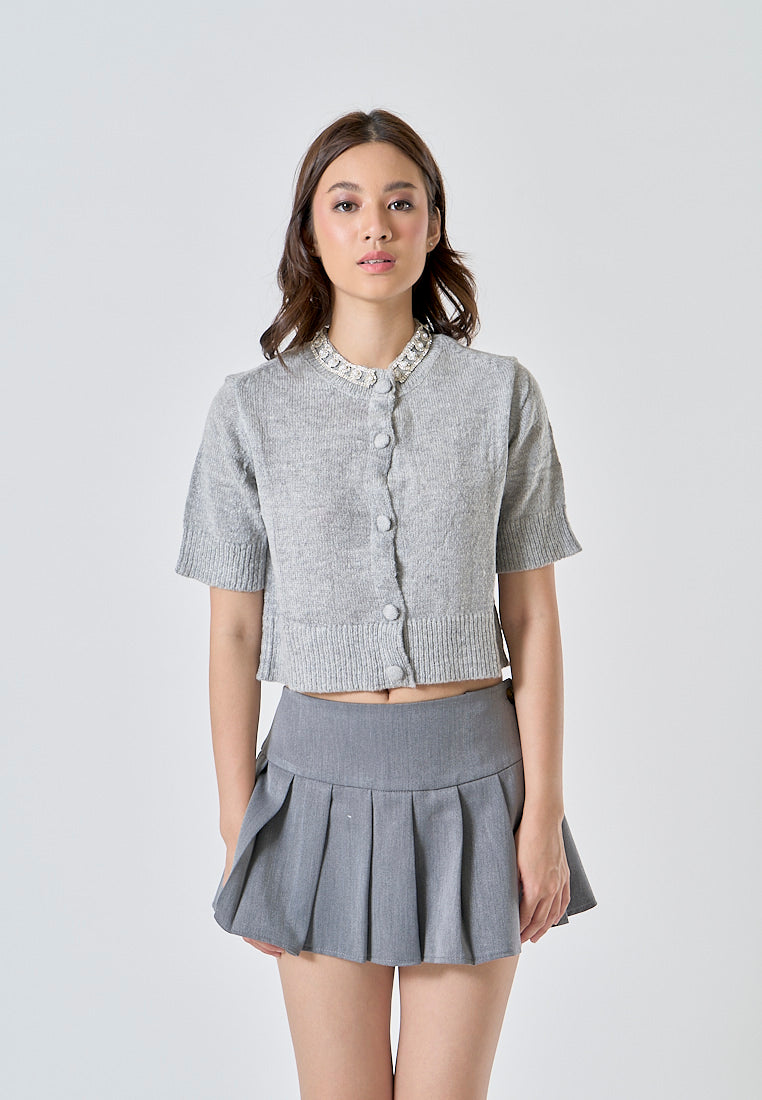 Wigo Gray Knitted Beaded Crew Neck Button Down Short Sleeves Top