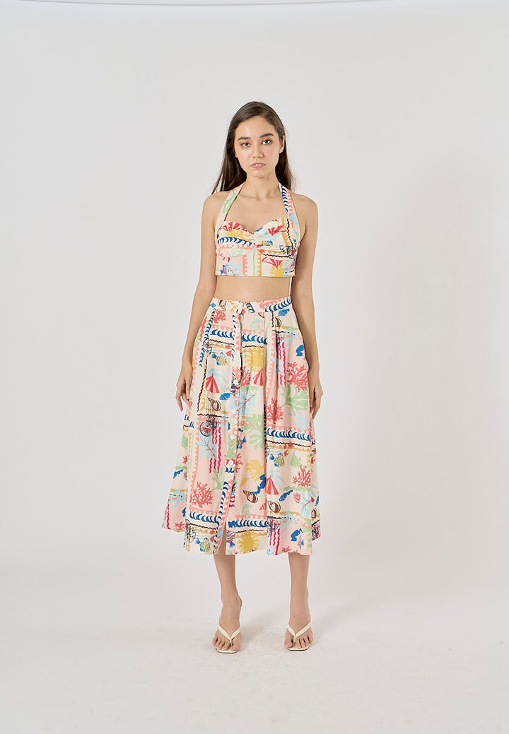 Fletcher Multi Color Thai Seaside Print Midi Skirt