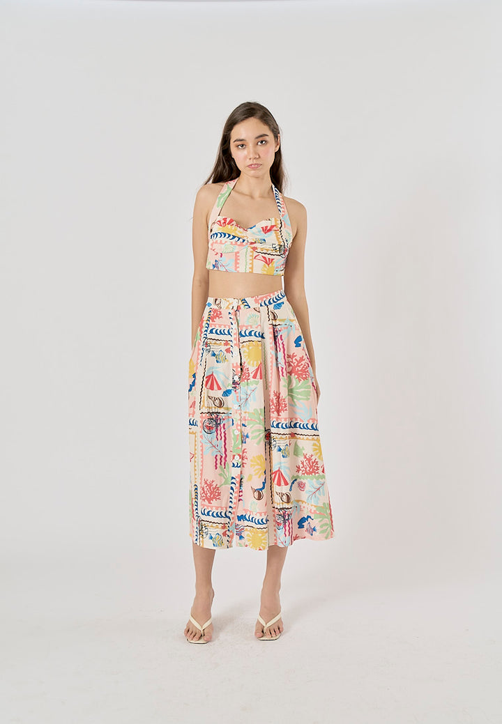 Fletcher Multi Color Thai Seaside Print Midi Skirt