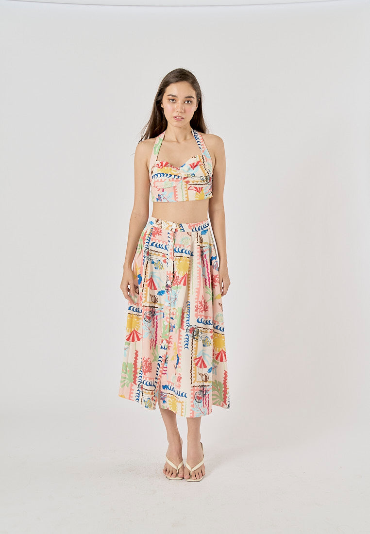 Fletcher Multi Color Thai Seaside Print Midi Skirt