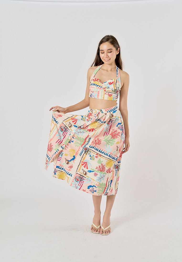 Fletcher Multi Color Thai Seaside Print Midi Skirt