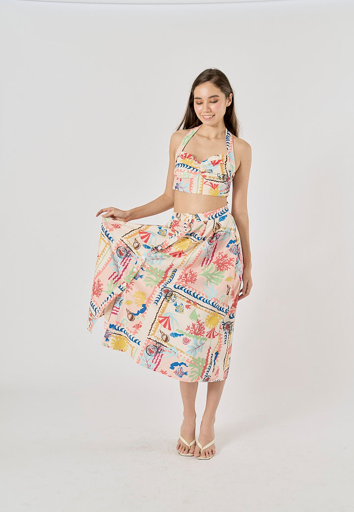Fletcher Multi Color Thai Seaside Print Midi Skirt