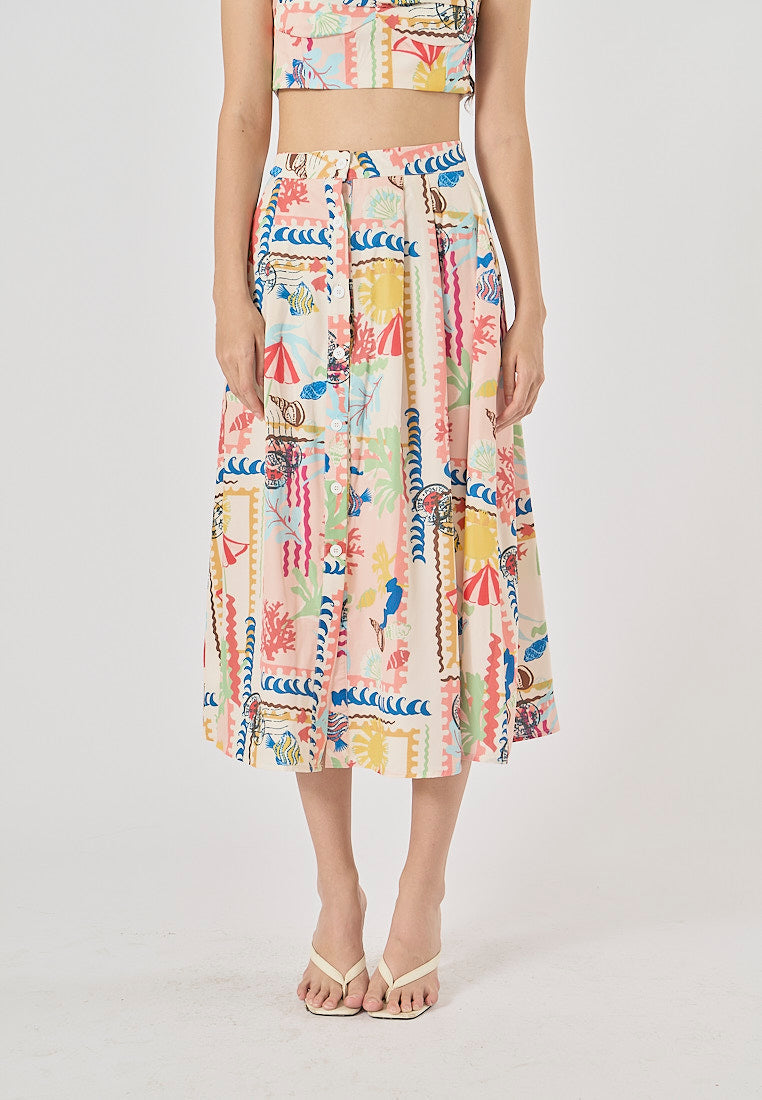 Fletcher Multi Color Thai Seaside Print Midi Skirt