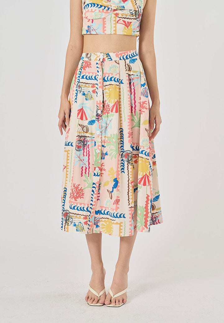 Fletcher Multi Color Thai Seaside Print Midi Skirt