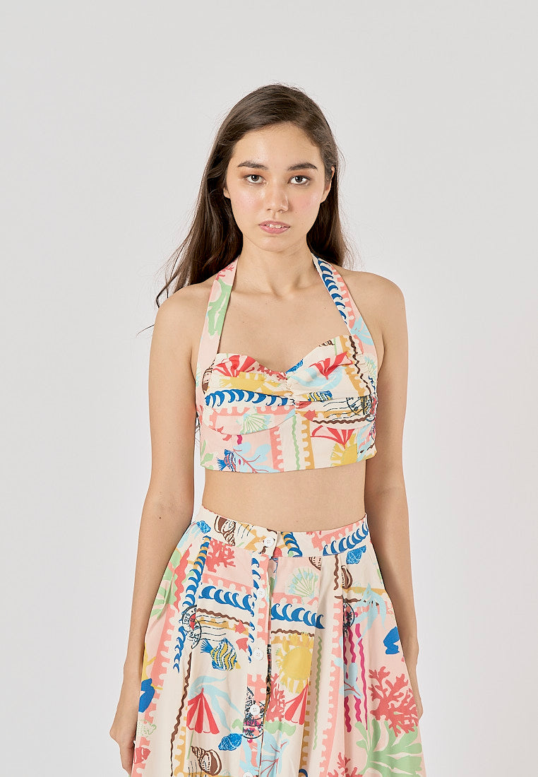 Fidelity Multi Color Thai Seaside Print Halter Tank Top