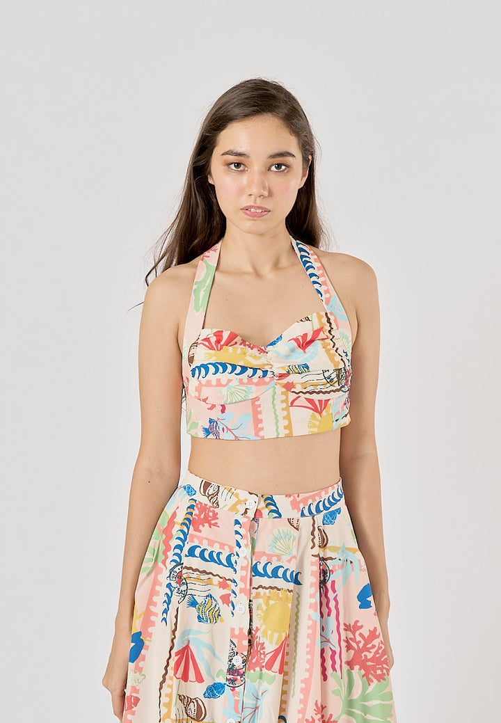 Fidelity Multi Color Thai Seaside Print Halter Tank Top