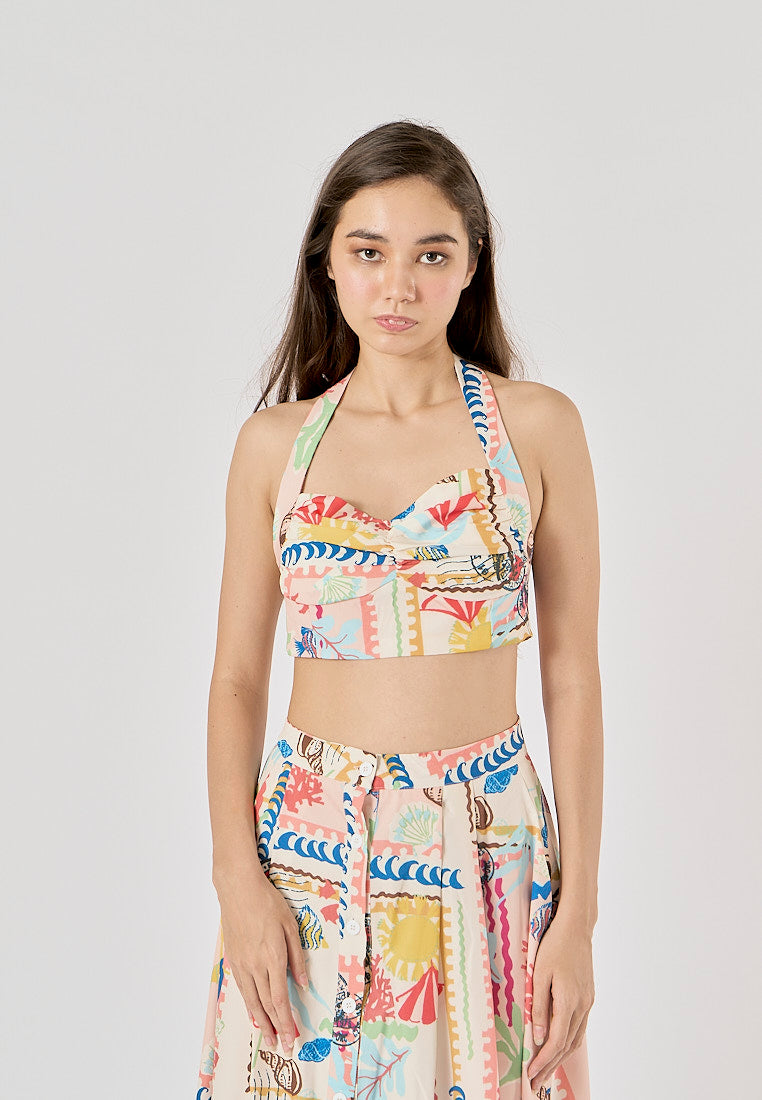 Fidelity Multi Color Thai Seaside Print Halter Tank Top