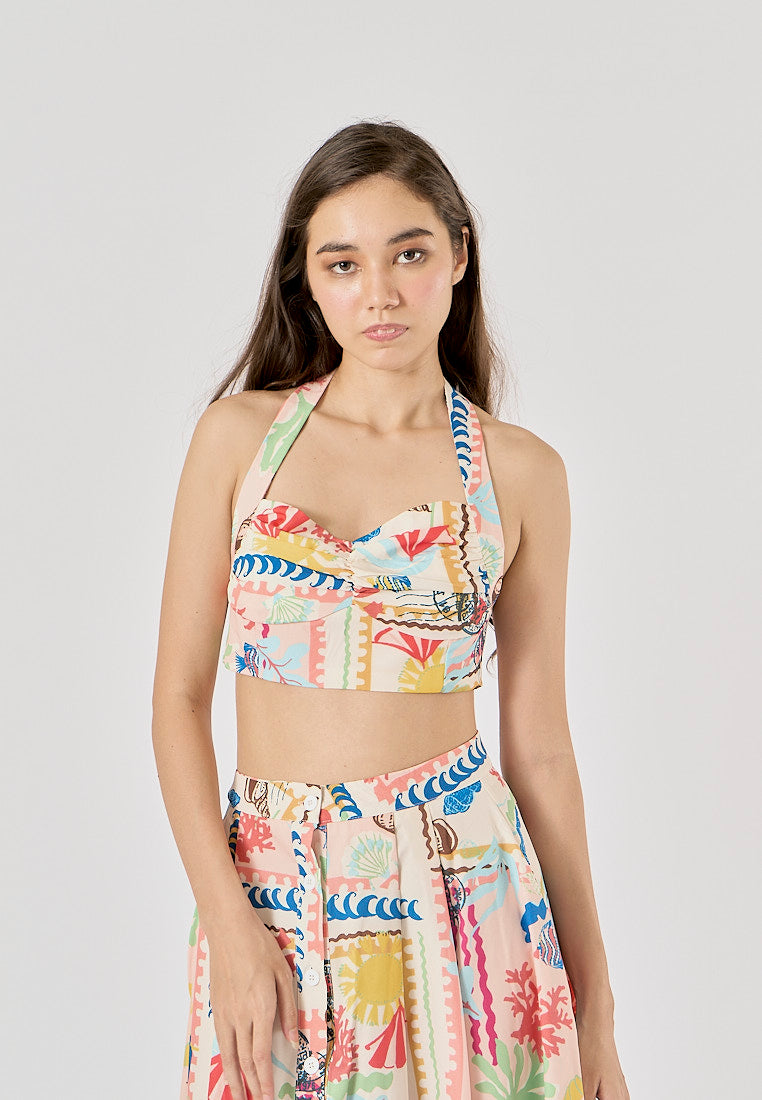 Fidelity Multi Color Thai Seaside Print Halter Tank Top