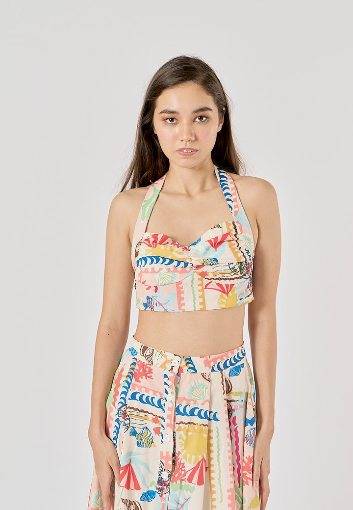 Fidelity Multi Color Thai Seaside Print Halter Tank Top